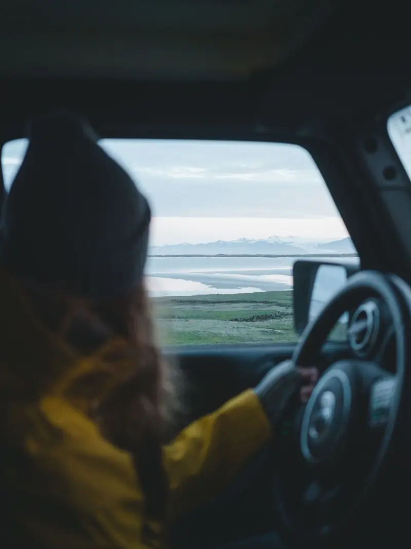 A driver with hands on the wheel