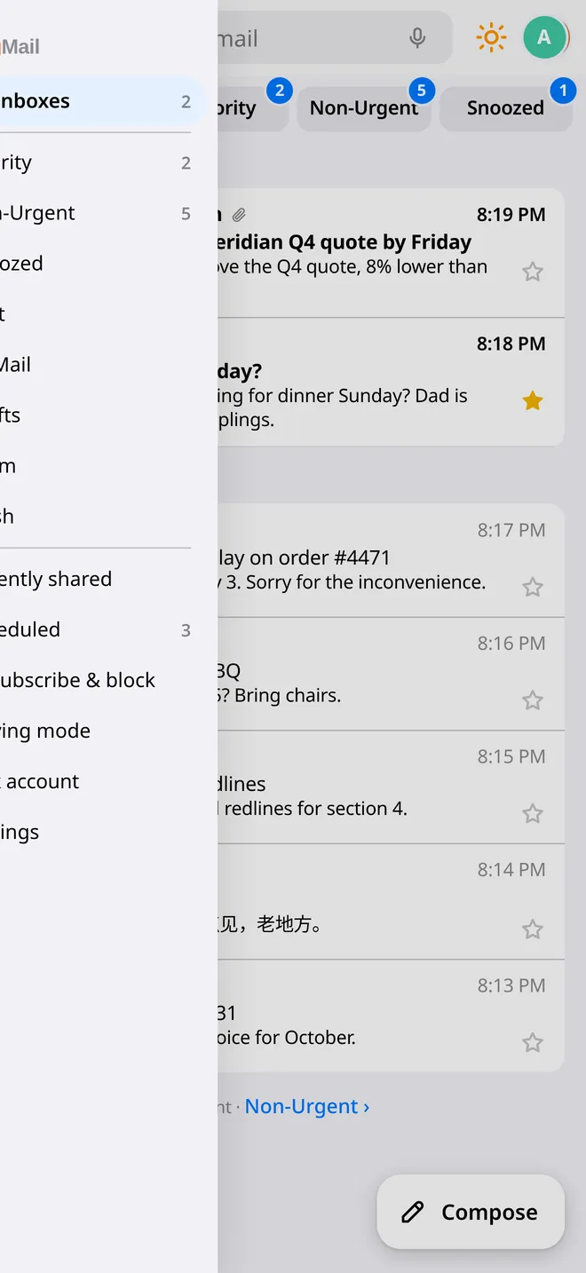 TingMail menu