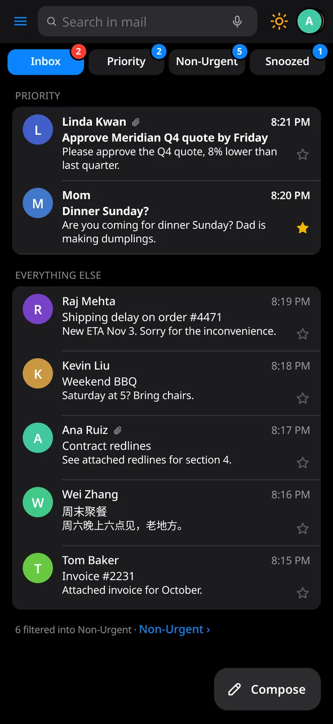 TingMail inbox in dark mode