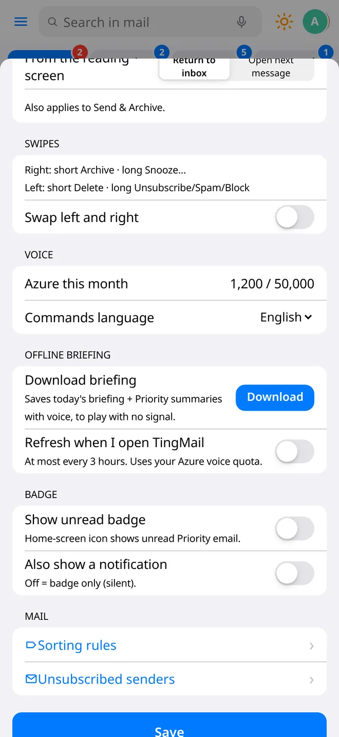 Offline Briefing settings
